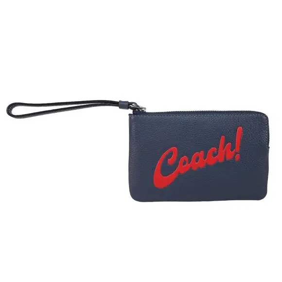 Coach Corner Zip Leather Wristlet Wallet – Navy Blue with Bold Red Script - NWT - Picture 1 of 7